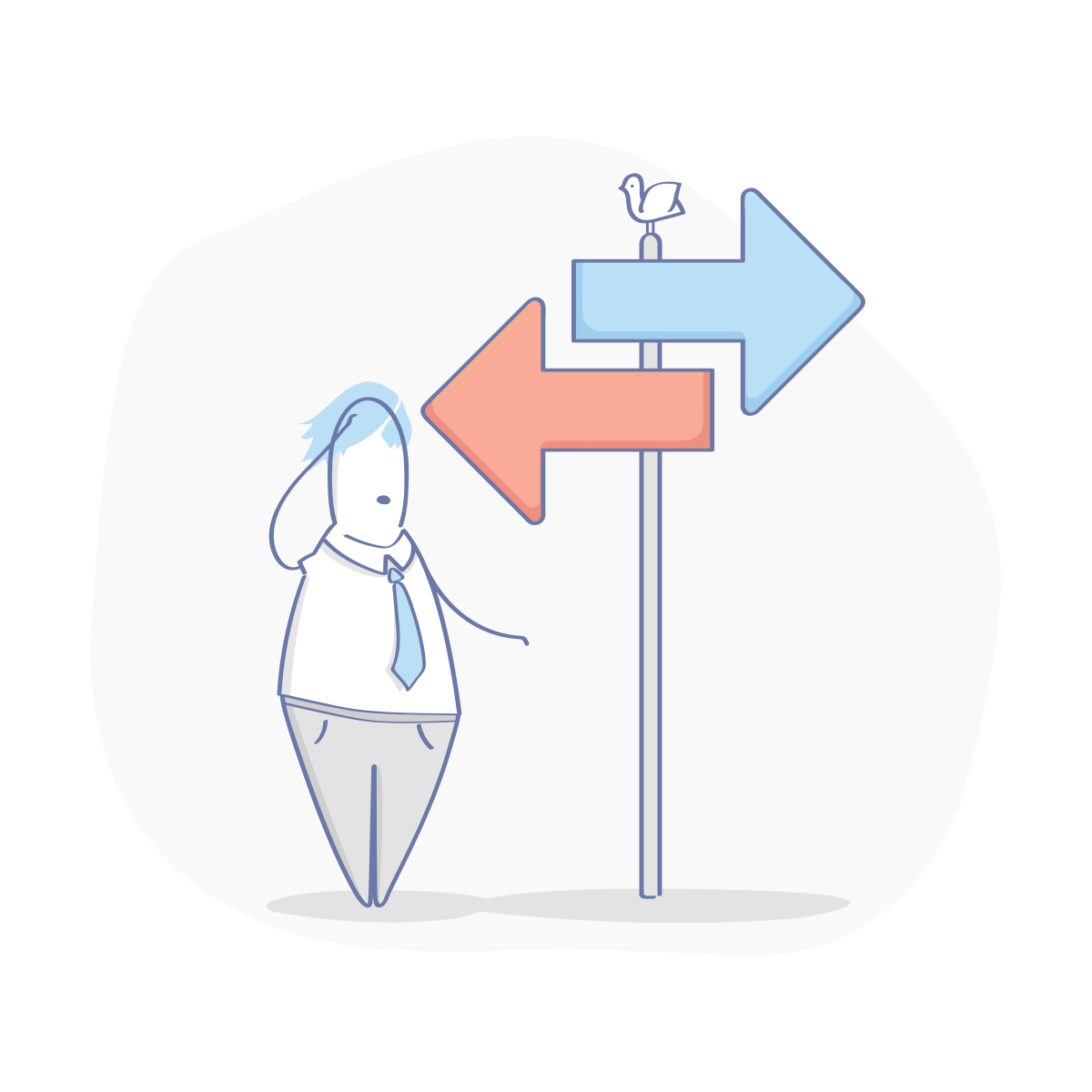 Small character with signposts