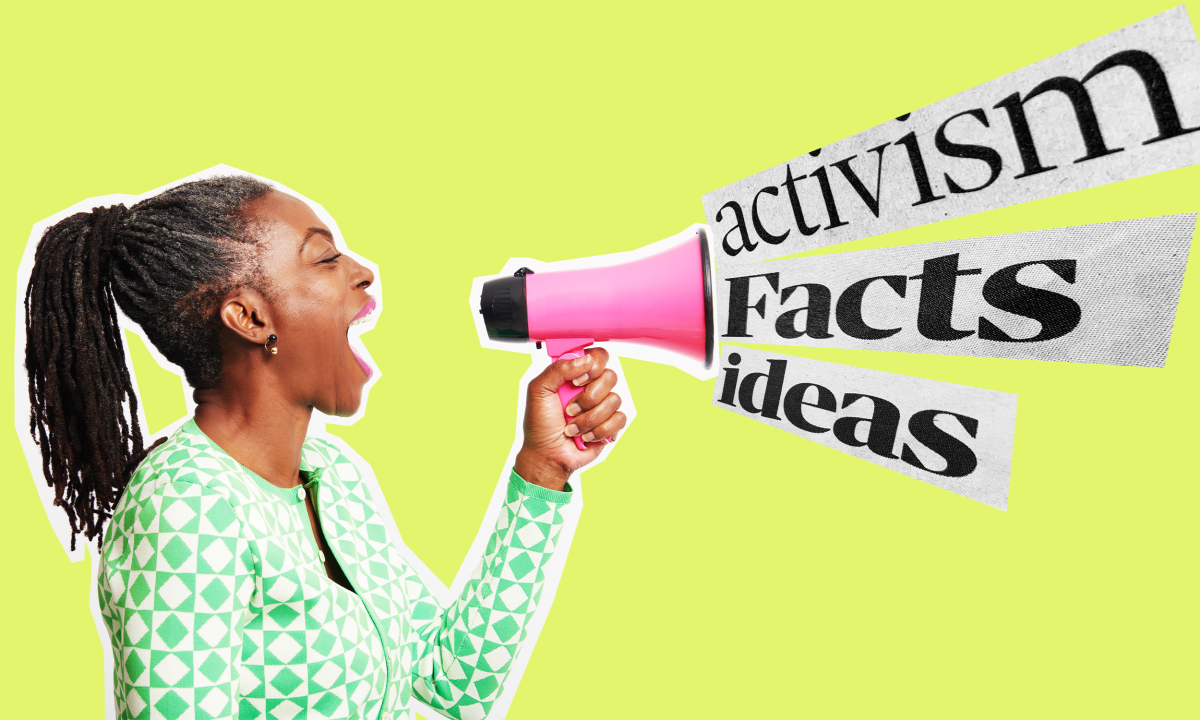 Student with a speakerphone with words coming out 'activism', 'facts' and 'ideas'.