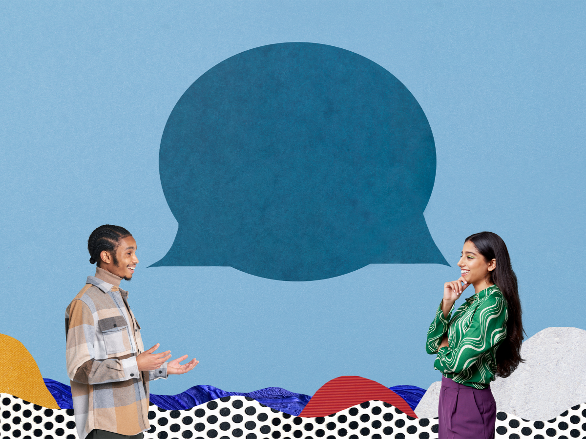 Speech bubble between two multi-cultural students in a collage effect. 