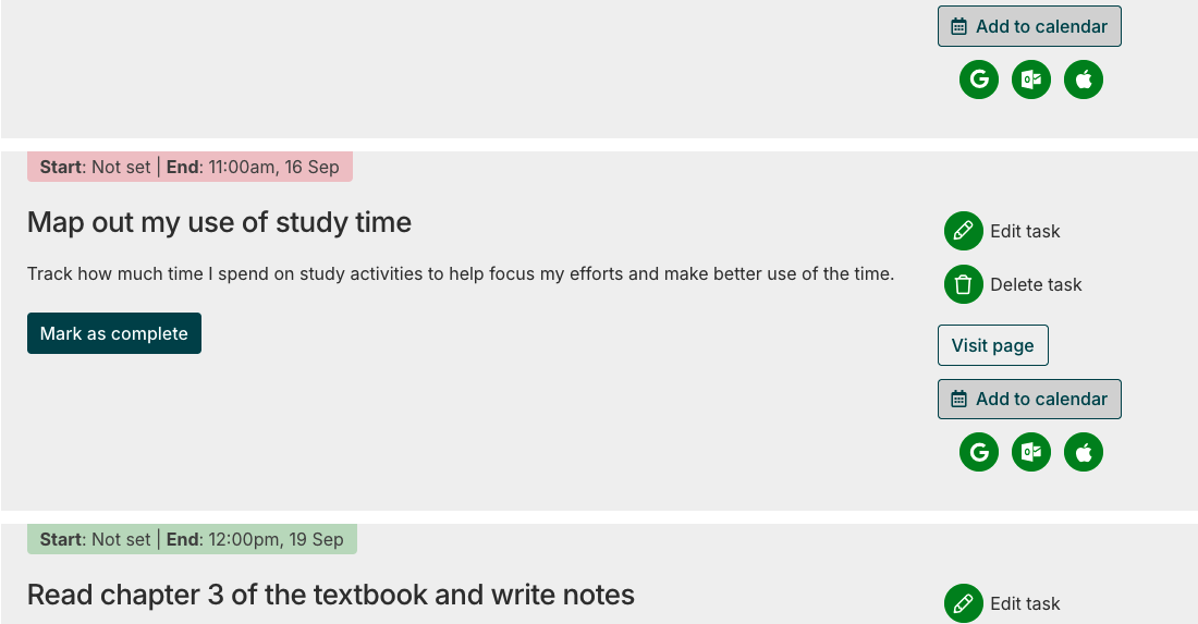 The 'My Tasks' page but focusing on the 'Add to Calendar' features