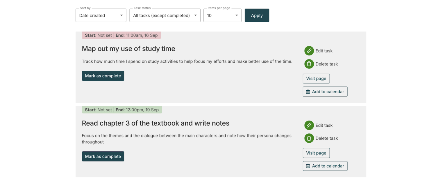 The 'My Tasks' page showing two tasks already created