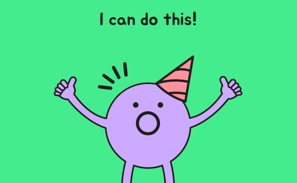 Small character with a party hat. Caption: I can do this!