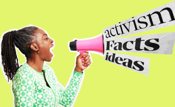 Student with a speakerphone with words coming out 'activism', 'facts' and 'ideas'.