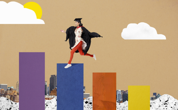 Edited image of a graduate running on bar charts.