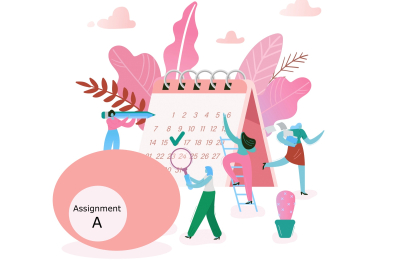 Illustration of characters adding tasks for an assignment to a calendar