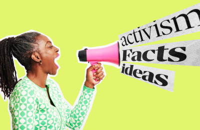 Student with a speakerphone with words coming out 'activism', 'facts' and 'ideas'.